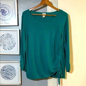 Chico's Green Boat Neck 3/4 Length Ruched Sleeve Sweater Top Chico’s 3= US Sz XL
